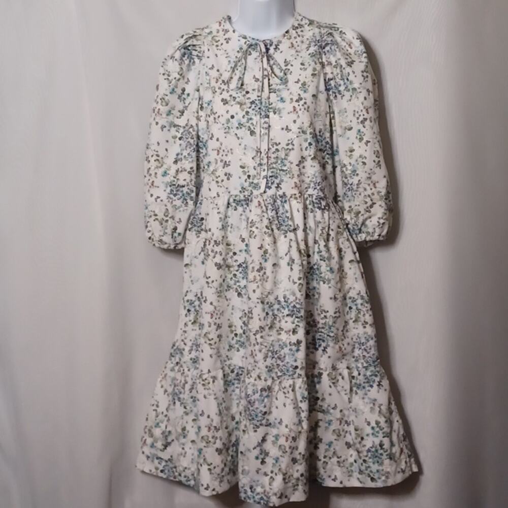 Udel New York White Floral Print Puff Sleeve Tiered Dress. Size XS
